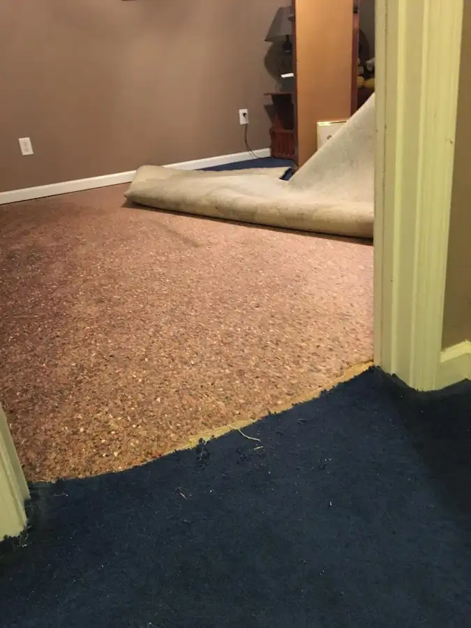 Carpet pad removal revealing water damage during Water Mitigation Services in Dacula